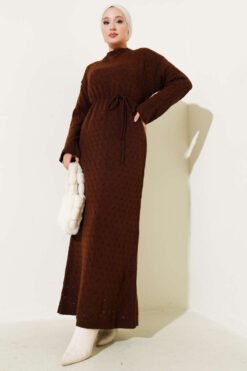 Belted Lace Knit Dress Brown