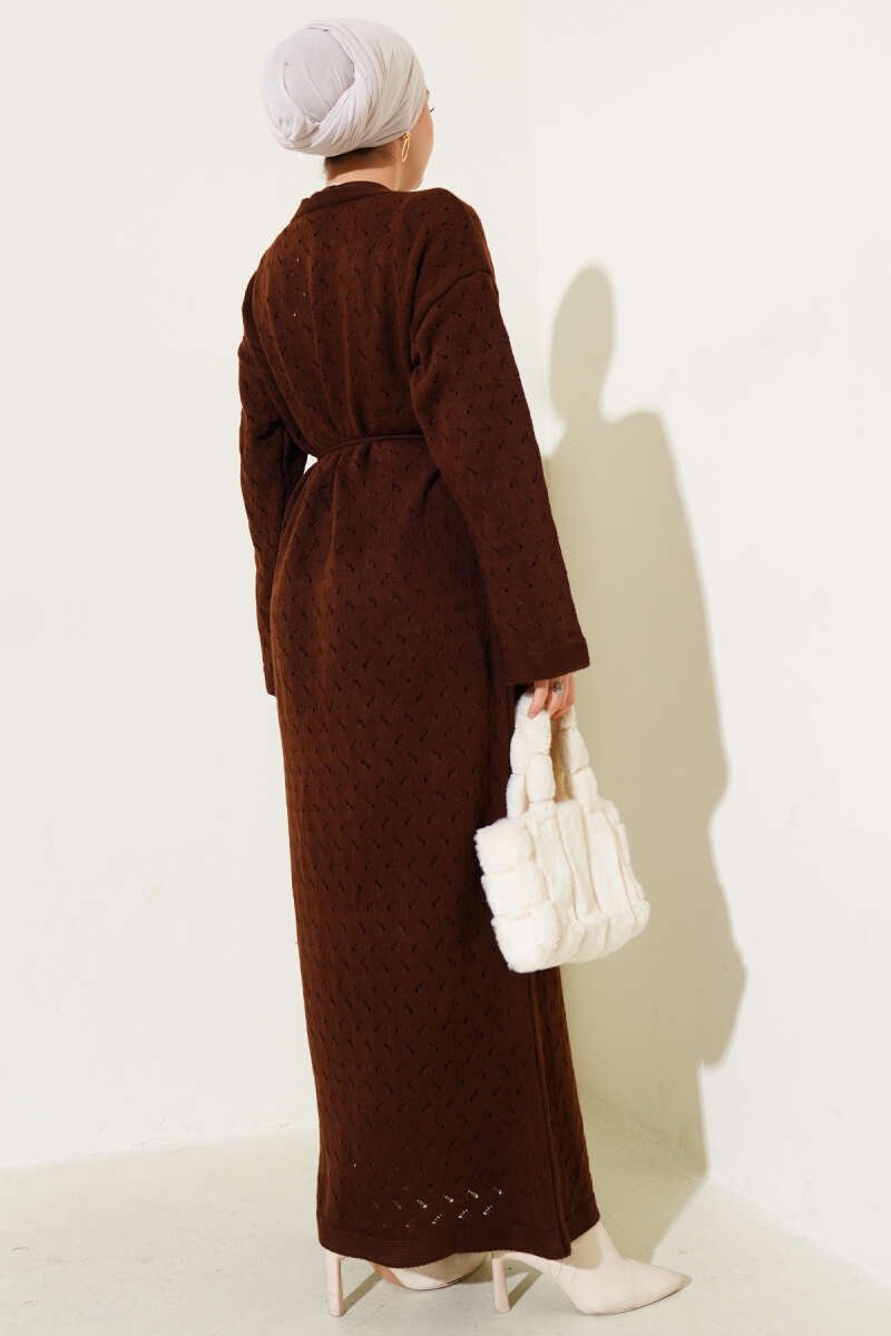 Belted Lace Knit Dress Brown - الصورة 3