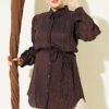 Textured Striped Shirt with Belt Dark Brown