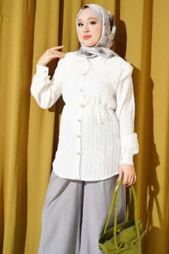 Alternative view of Belted Top with Piece Detail White