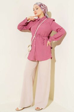 Alternative view of Belted Top with Piece Detail Magenta