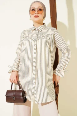 Striped Two-Piece Set with Cuffed Sleeves Brown