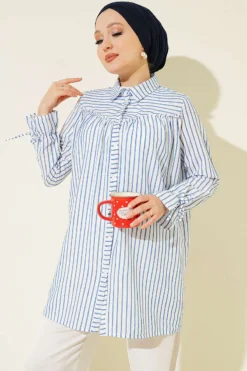 Striped Two-Piece Set with Cuffed Sleeves Blue