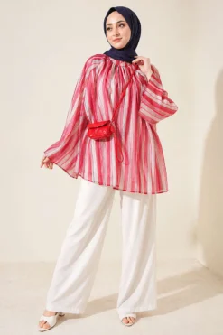 Alternative view of Striped Stand Collar Tunic Red