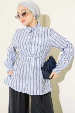 Striped Lace-Up Detail Shirt Blue