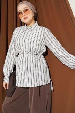 Striped Lace-Up Detail Shirt Black