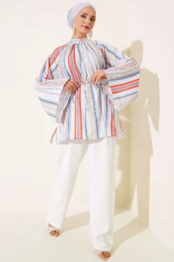 Vista alternativa de Striped Loose Tunic with Belt Blue