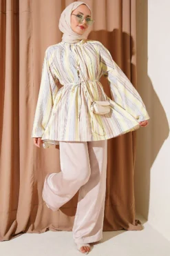 Vista alternativa de Striped Loose Tunic with Belt Yellow