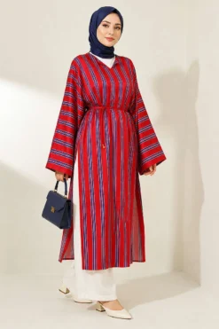 Striped Satin Long Tunic with Slit Burgundy