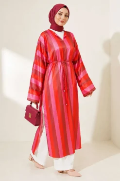 Striped Satin Long Tunic with Slit Orange