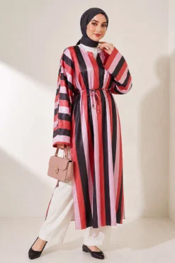 Striped Satin Long Tunic with Slit Pink