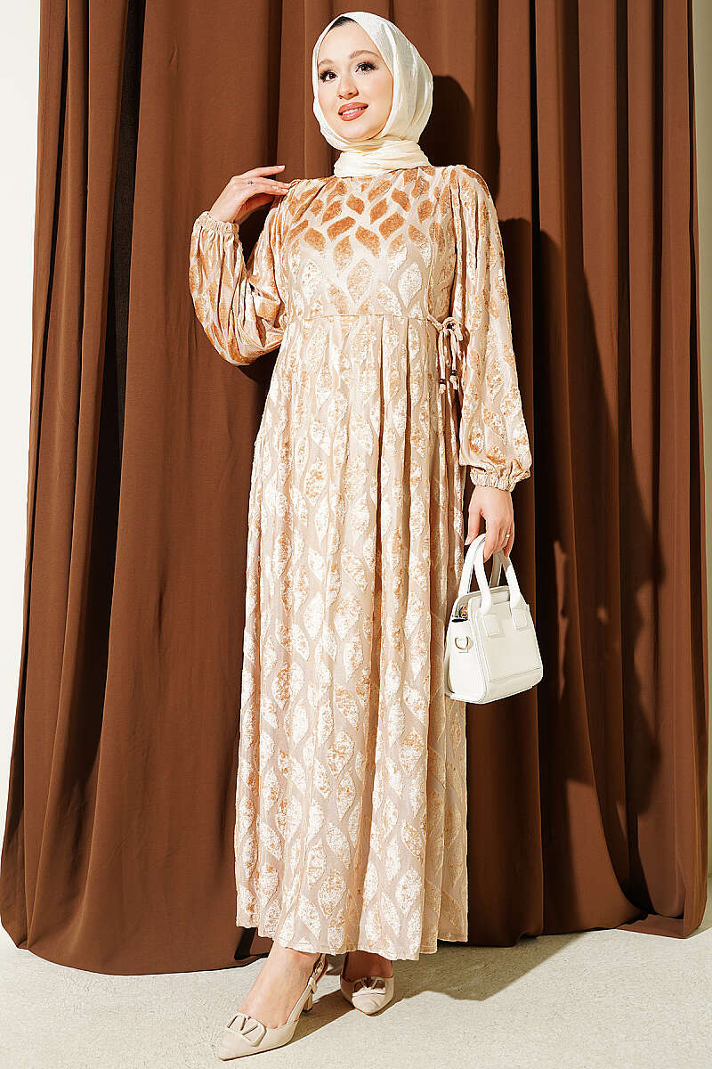 Jacquard Pile Detail Dress Beige