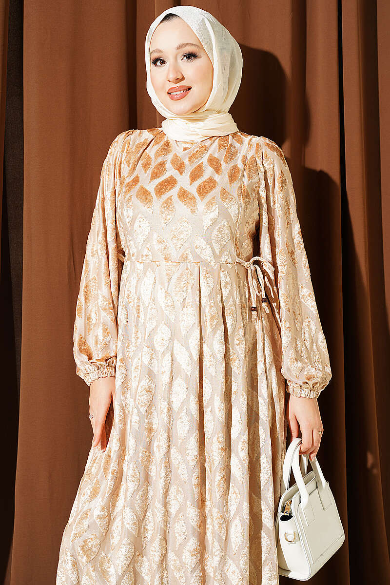 Jacquard Pile Detail Dress Beige - Image 2
