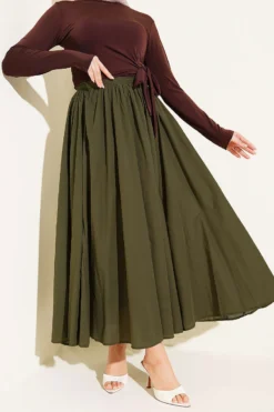 Wrinkled Pleated Flared Voile Skirt Khaki