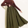 ⁦Wrinkled Pleated Flared Voile Skirt Khaki⁩ - الصورة ⁦2⁩