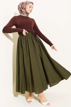 منظر بديل لـ Wrinkled Pleated Flared Voile Skirt Khaki