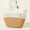 Short Handle Block Straw Tote Bag Ecru