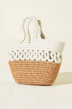 Short Handle Block Straw Tote Bag Ecru