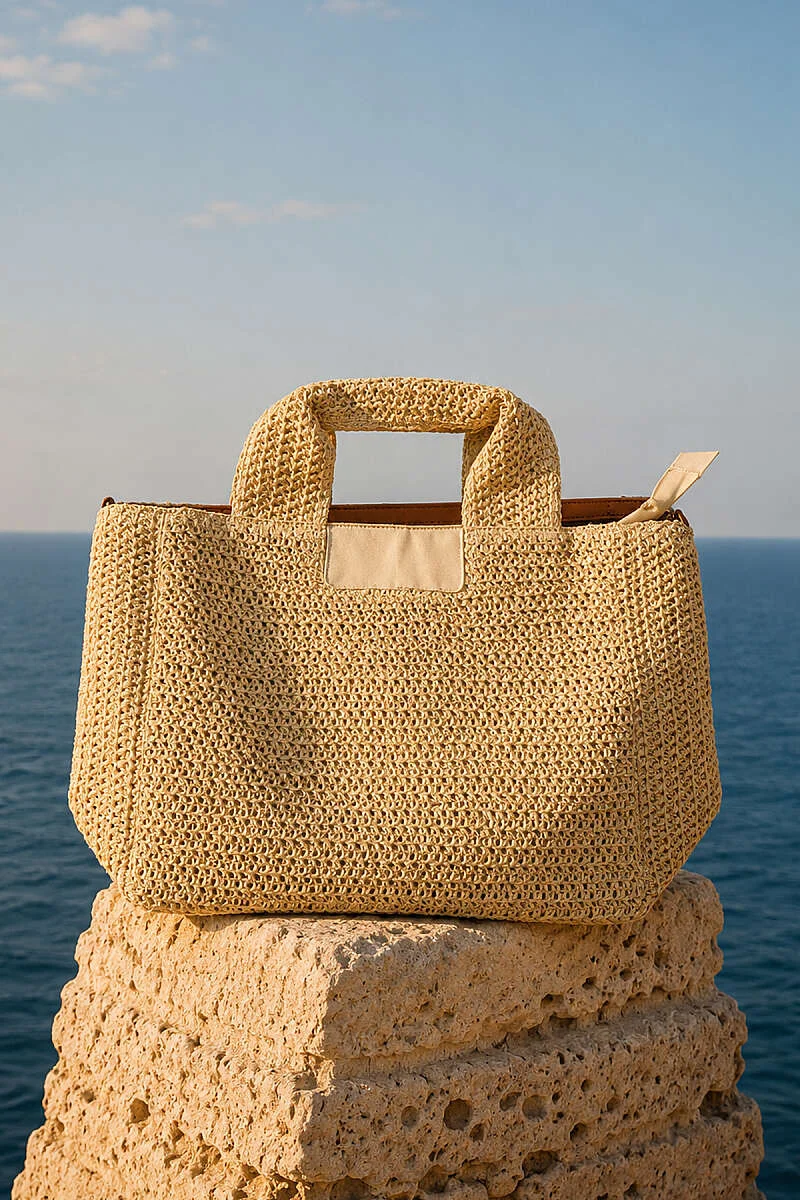 Short Handle Zippered Woven Tote Bag Beige