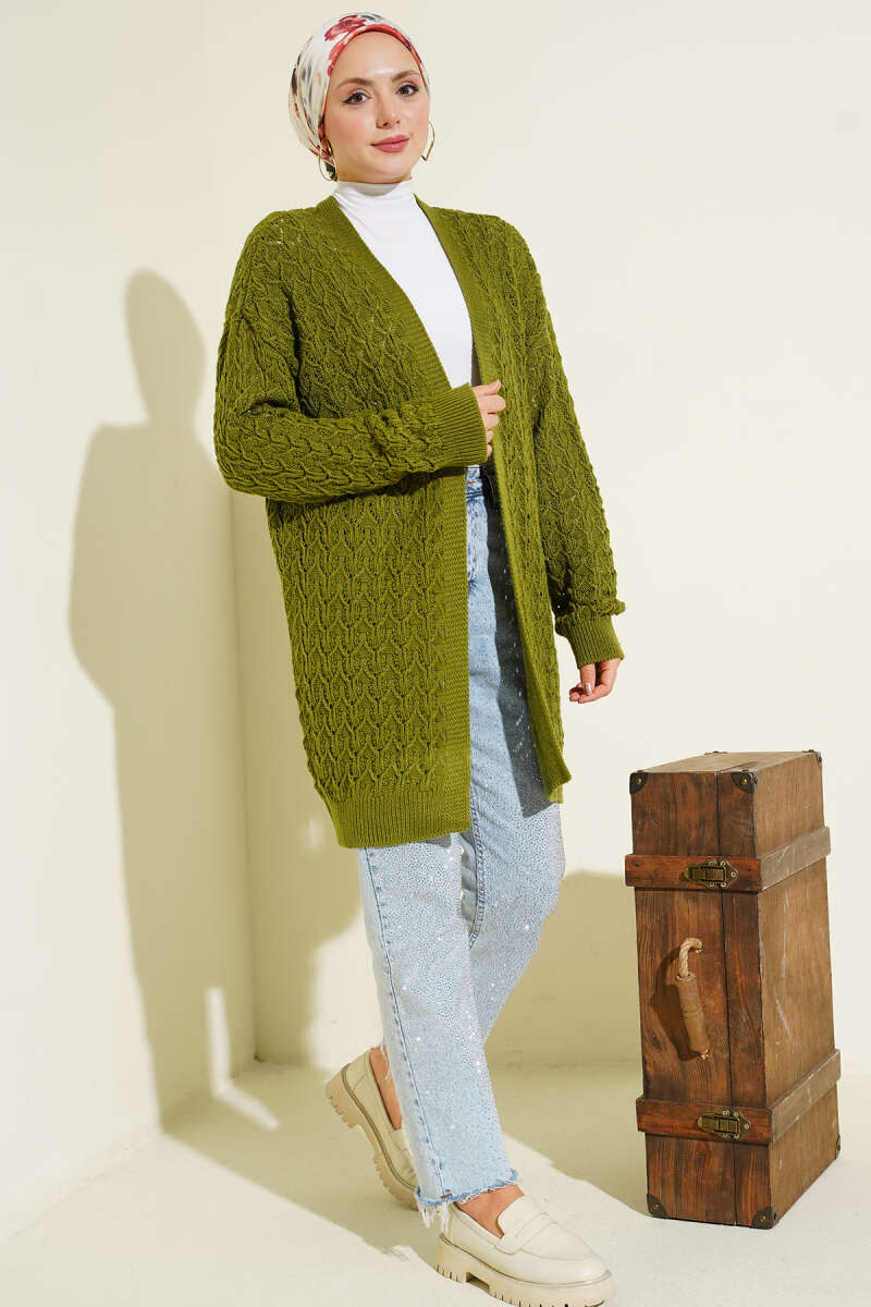 Textured Patterned Sweater Cardigan Green - الصورة 2