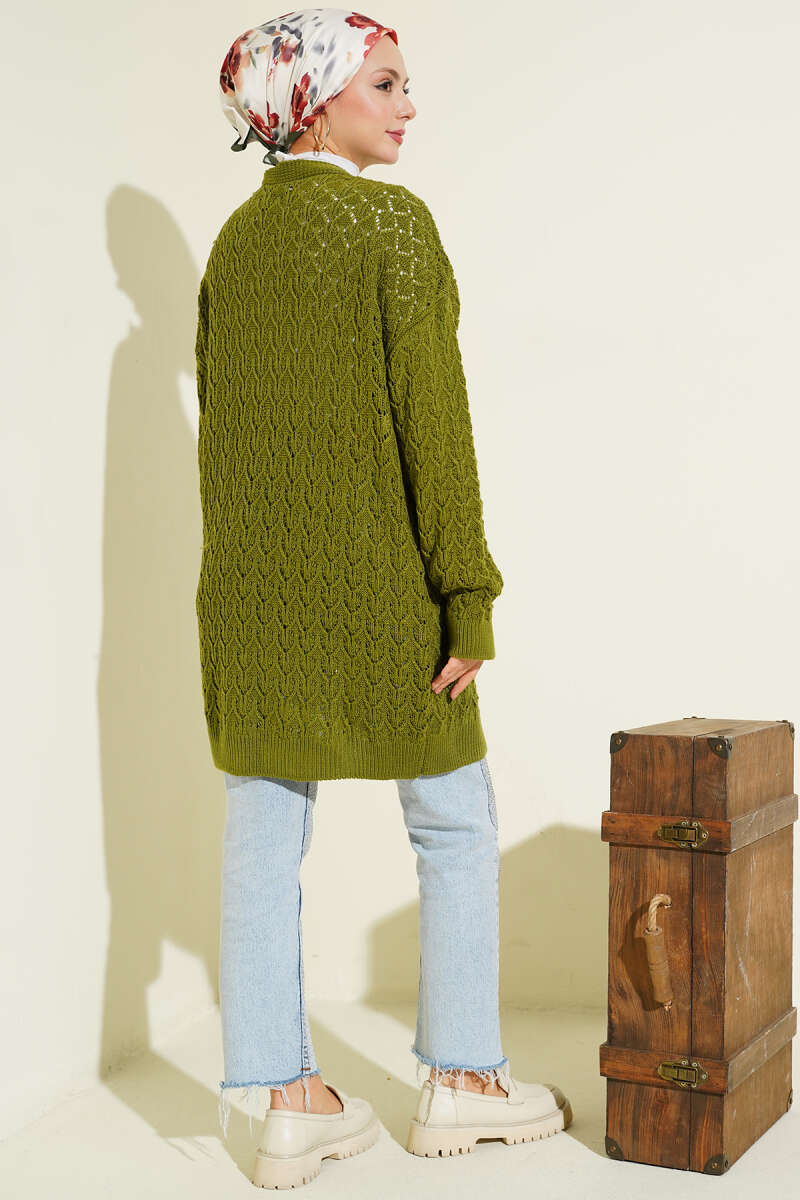 Textured Patterned Sweater Cardigan Green - الصورة 3
