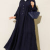 Textured Pattern Buttoned Midi Dress Navy Blue