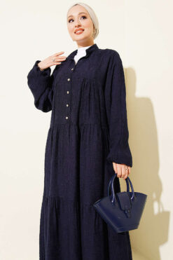 Alternative view of Textured Pattern Buttoned Midi Dress Navy Blue