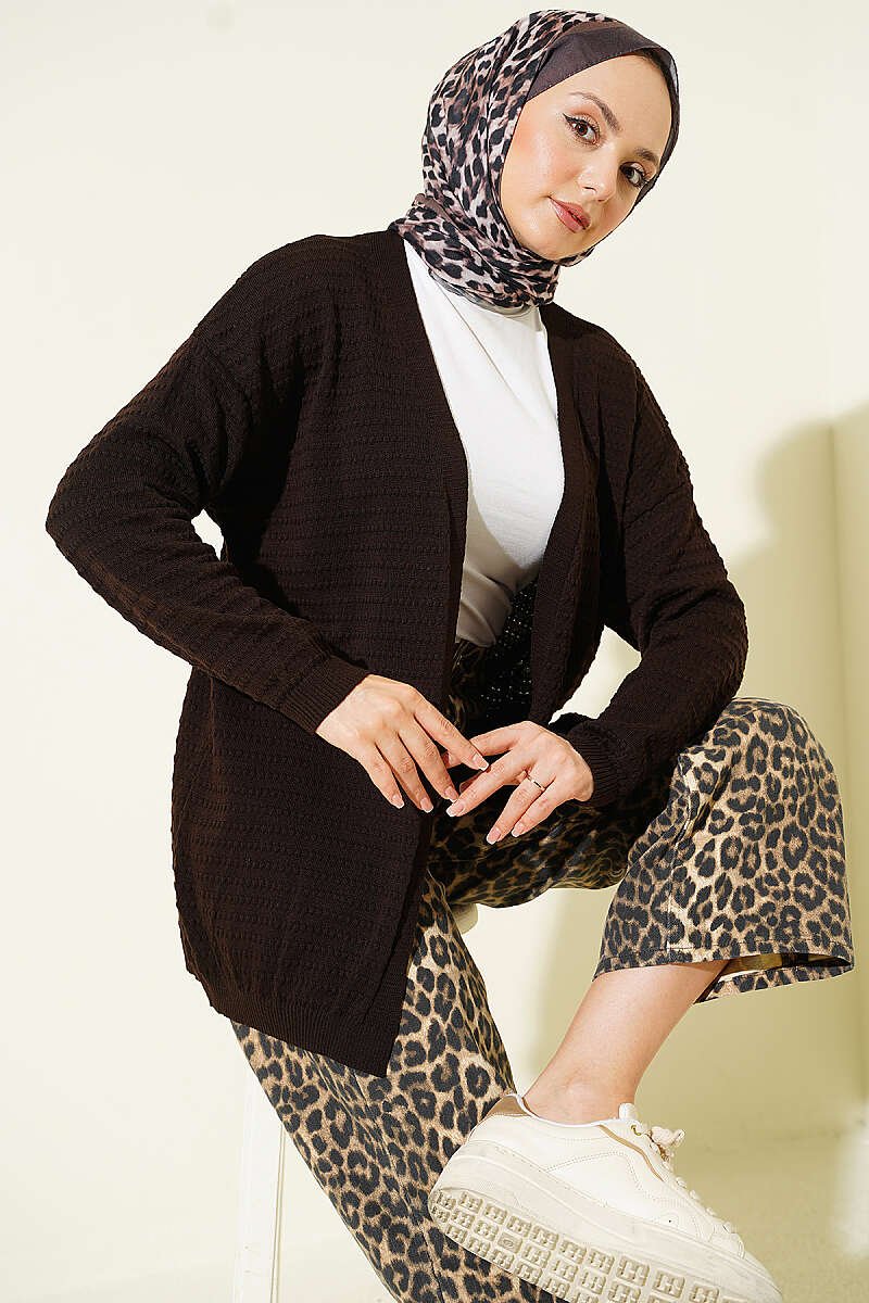 Textured Pattern Basic Knit Cardigan Dark Brown