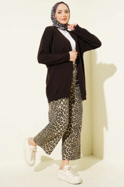 Alternative view of Textured Pattern Basic Knit Cardigan Dark Brown