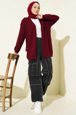 Alternative view of Textured Pattern Basic Knit Cardigan Burgundy