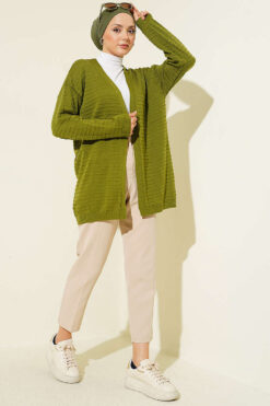 Alternative view of Textured Pattern Basic Knit Cardigan Green