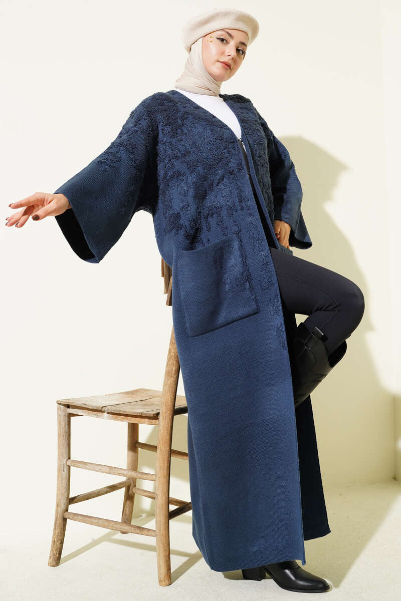 Textured Pocket Long Knit Cardigan Indigo