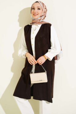 Textured Long Knit Vest Brown