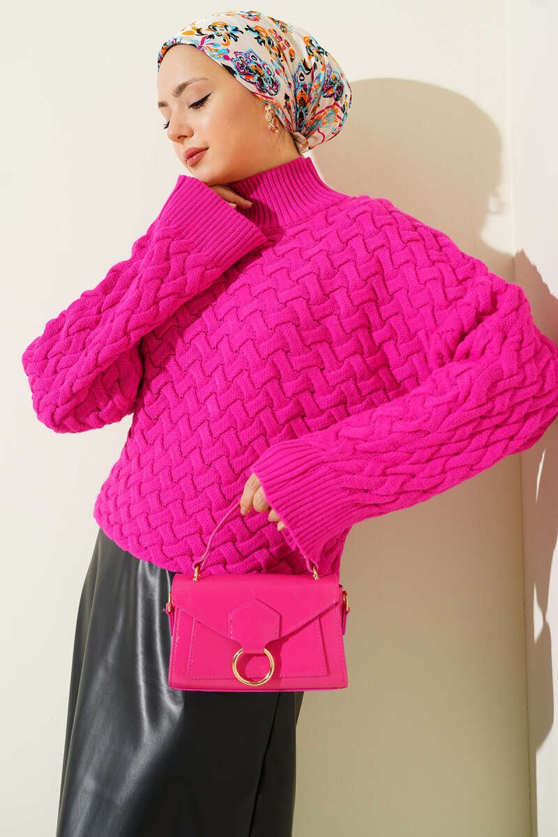 Textured Batwing Sleeve Knit Sweater Fuchsia