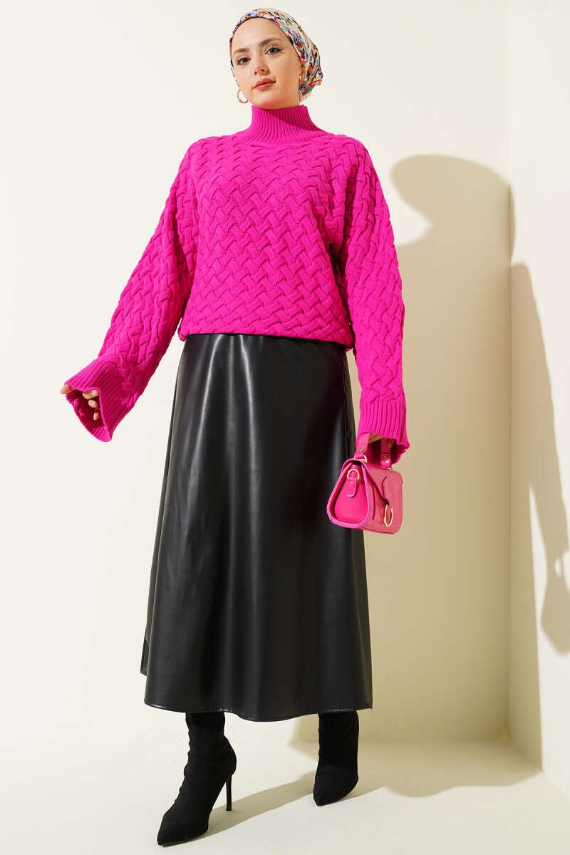 Textured Batwing Sleeve Knit Sweater Fuchsia - الصورة 2