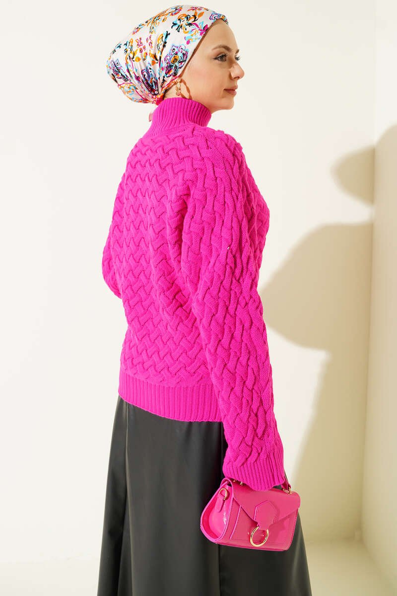 Textured Batwing Sleeve Knit Sweater Fuchsia - الصورة 3
