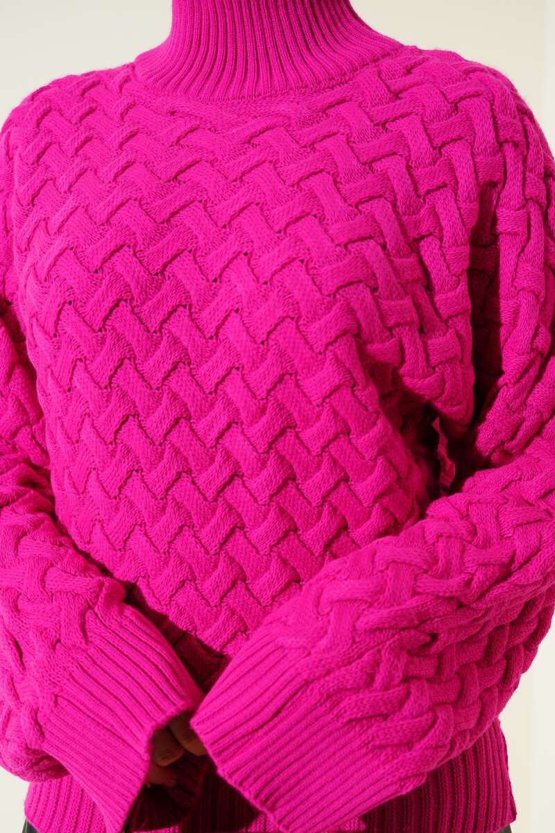 Textured Batwing Sleeve Knit Sweater Fuchsia - الصورة 4
