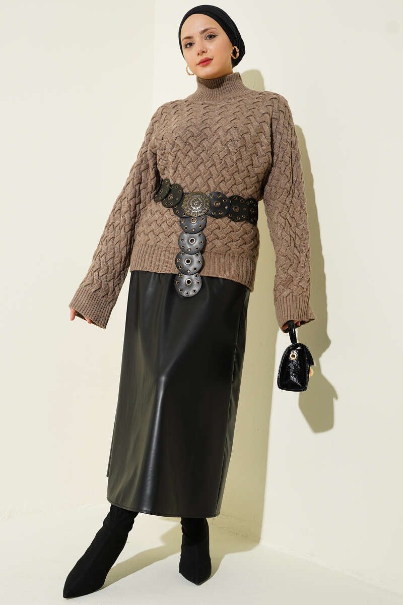 Textured Batwing Sleeve Knit Sweater Mink - الصورة 2