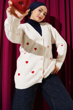 Heart Embroidered Knit Cardigan Beige