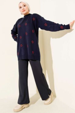 Alternative view of Heart Embroidered Knit Sweater Navy Blue