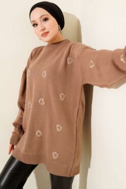 Heart Embroidered Knit Sweater Mink