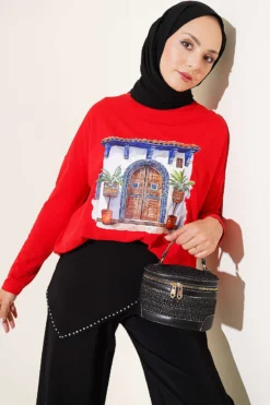 Door Print Basic Tunic Red