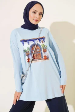 Door Print Basic Tunic Blue