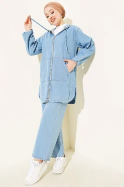 Hooded Zip-Up Pocket Denim Set Blue