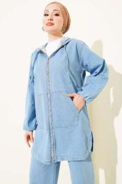 Alternative view of Hooded Zip-Up Pocket Denim Set Blue
