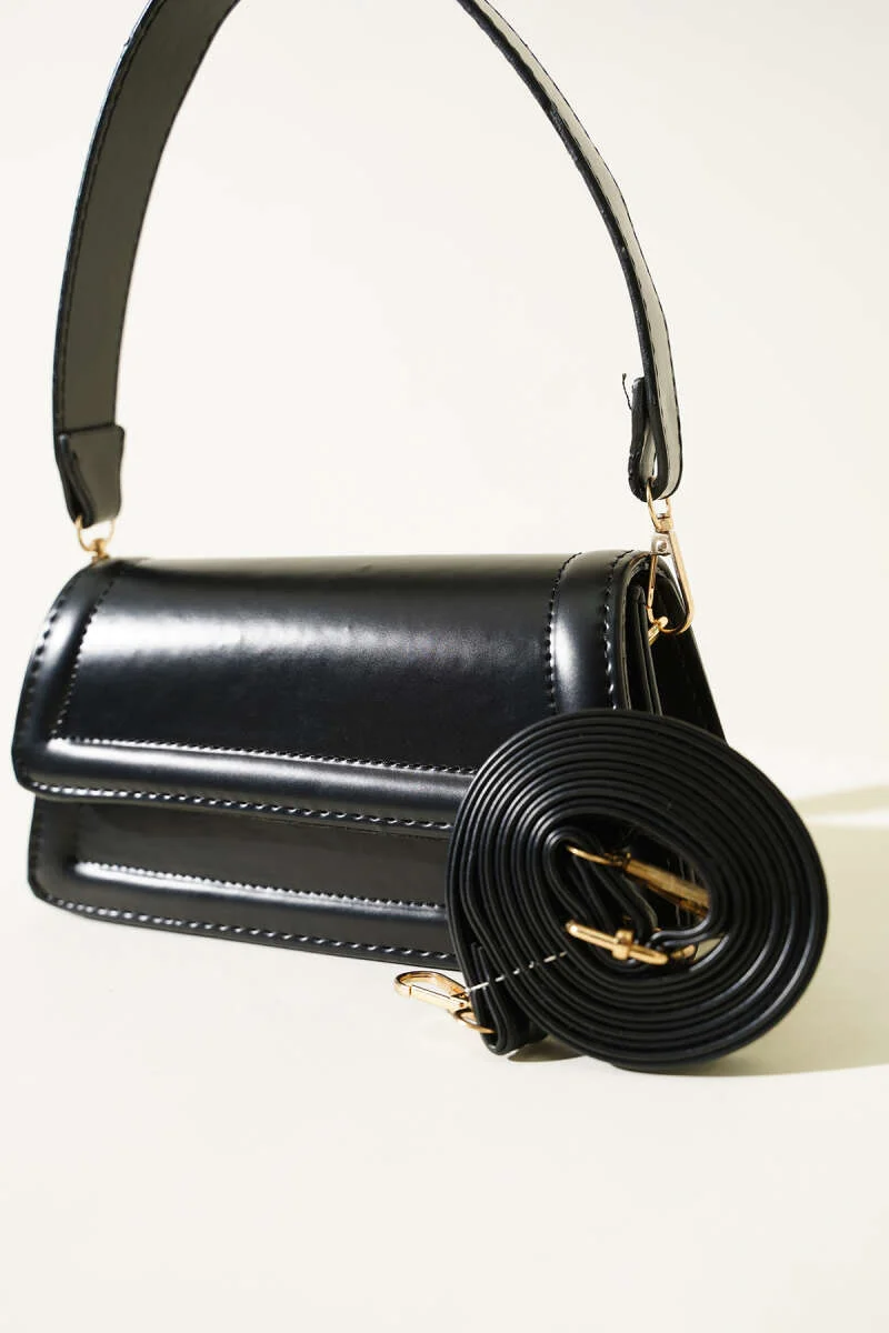 Magnetic Closure Handbag with Flap Black - Image 3