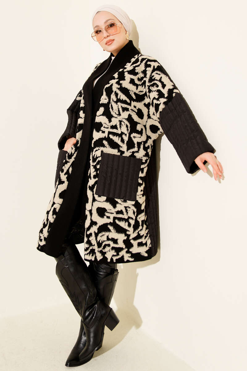 Quilted Textured Knit Cardigan with Pockets Black
