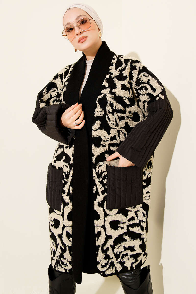 Quilted Textured Knit Cardigan with Pockets Black - Image 2