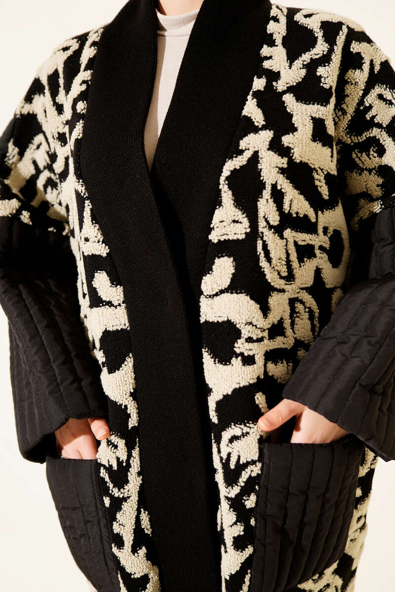 Quilted Textured Knit Cardigan with Pockets Black - Image 4