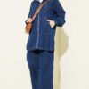 Hooded Zip-Up Denim Two-Piece Set with Pockets Dark Blue